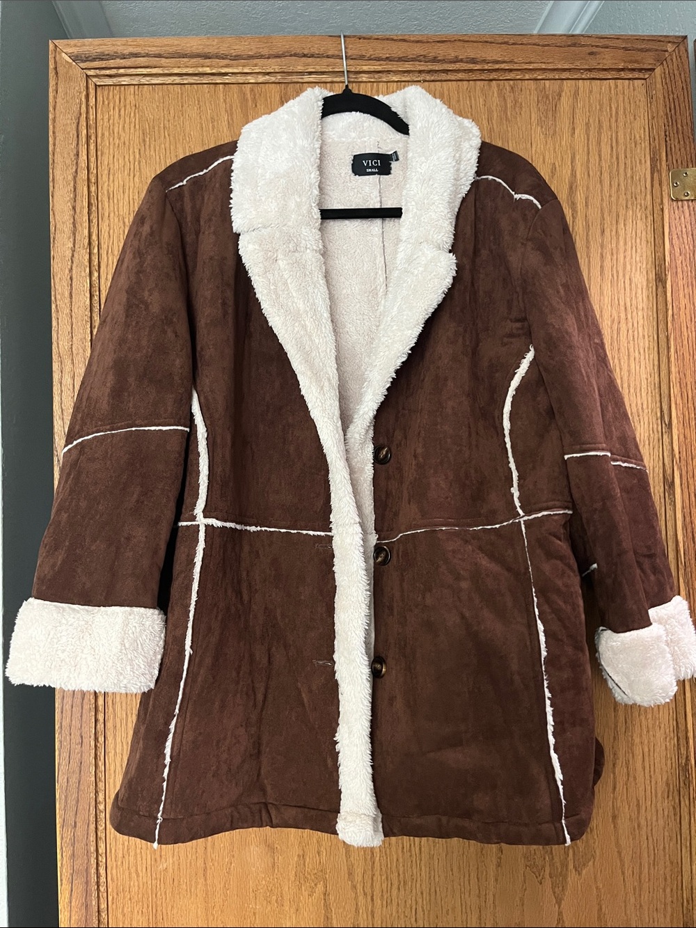 VICI Brown Faux Suede Teddy Jacket with Cream Shearling Trim